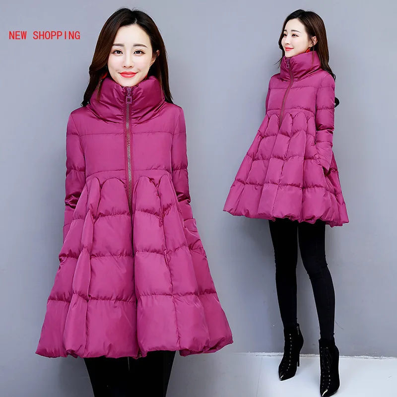 2022 New Winter Women Solid A-Line Coats Warm Thick Cotton Padded Jackets Female Stand Elastic Waist Mid-Long Cloak Parkas A248
