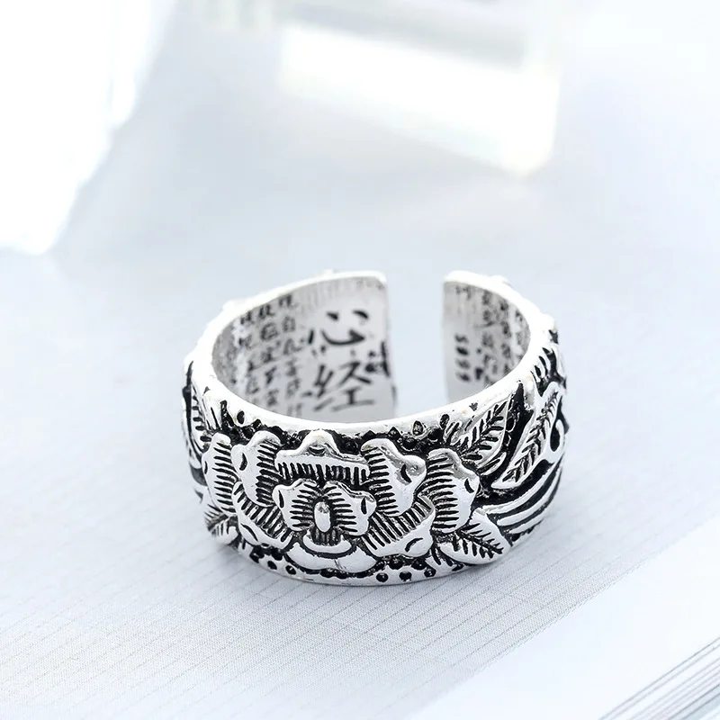 

TULX Silver Color Buddhist Heart Sutra Ring for Women Men Tibetan Prayer Lotus Ring OM Mantra 7 Chakra Ring Good Luck Jewelry