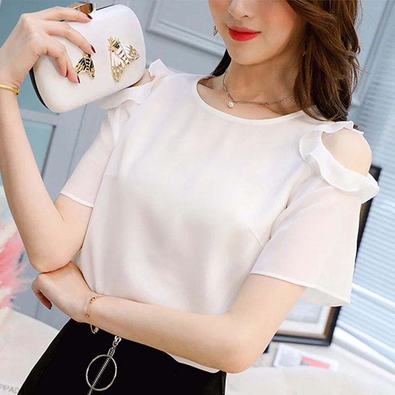 

Fashion Ladies Summer Shirts Women Casual Off Shoulder Blouses Female Short Sleeve Solid Color Tops Chiffon Blouse White Red