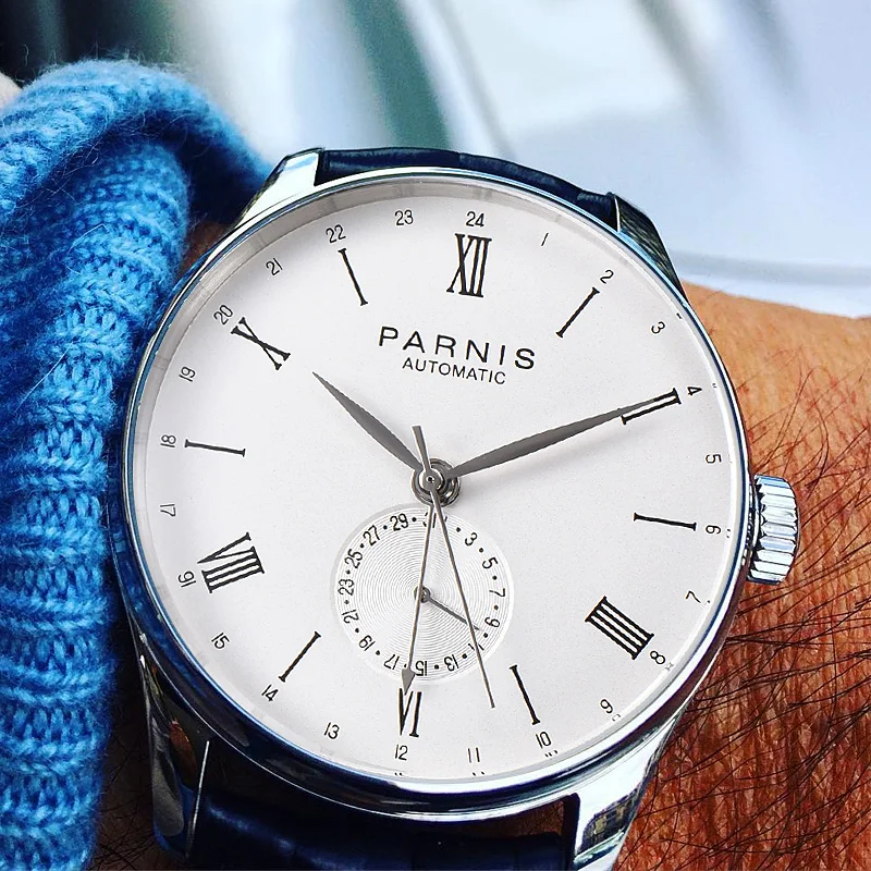 

Новинка 42 мм Мужские часы PARNIS ST1731 GMT автоматический автоподъем механическое перемещение мужские многофункциональные автоматические часы-пилоты с датой