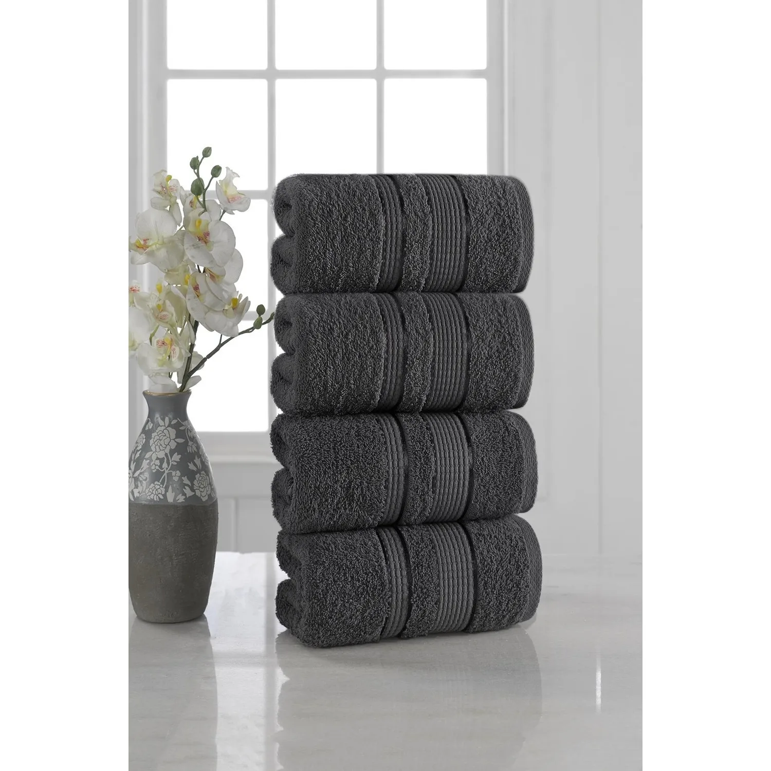 Set 4 Pcs Cotton Hand And Face Towels Daily Use Dark Gray 50 X 85 Cm Made In Turkey