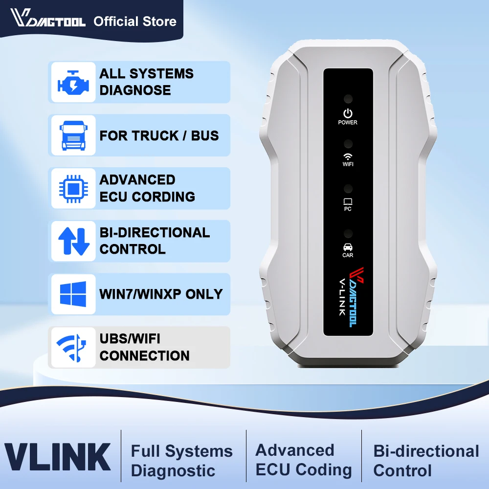 Фото Диагностический инструмент Vdiagtool VLINK для дизельных грузовиков, совместимый с CAT и Cummins, сканер для тяжелых грузовиков, инструмент для кодирования блоков управления Volvo. №1