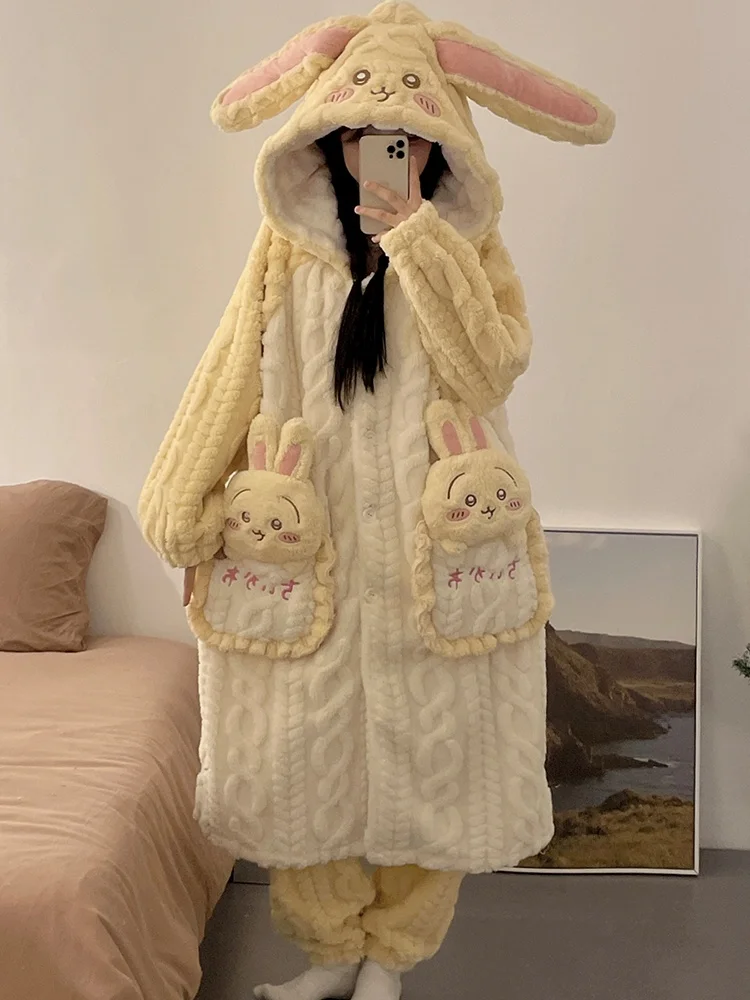 Usaage Nightgown Autumn and Winter 2024 New Coral Fleece Pajamas Women Thickened plus Velvet Bathrobe Home Wear Set