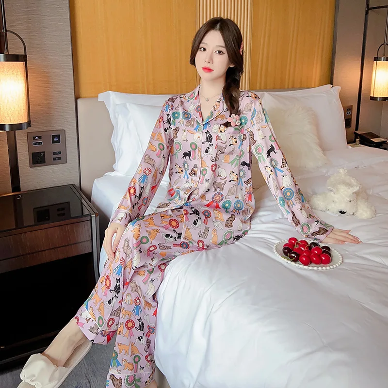High Quality Women's Pajamas Set Luxury Pet Cats Pattern Sleepwear Silk Like Casual Homewear Cute Nightwear Femme Petite