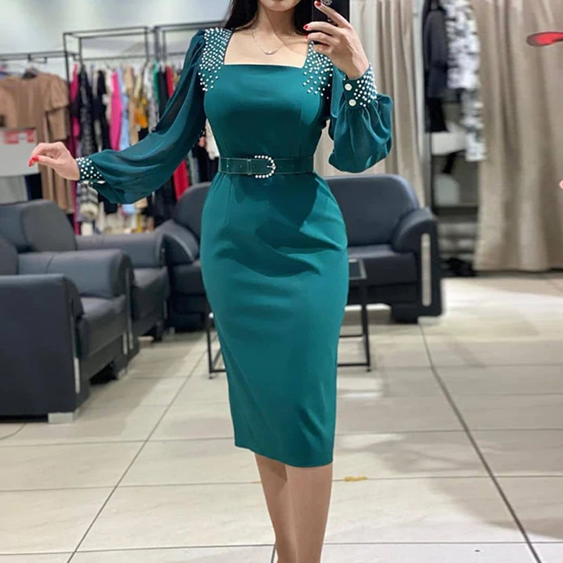 

Женское платье средней длины с длинным рукавом, весеннее однотонное вечернее платье с поясом и жемчужинами, модные офисные облегающие платья, платье
