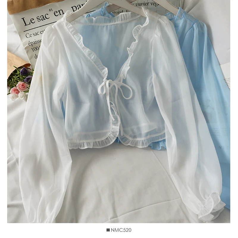 

Women Sheer Chiffon Beach Cover Up Top Long Sleeve See Through Summer Ruffle Neckline Tie Front Casual Cute Tops