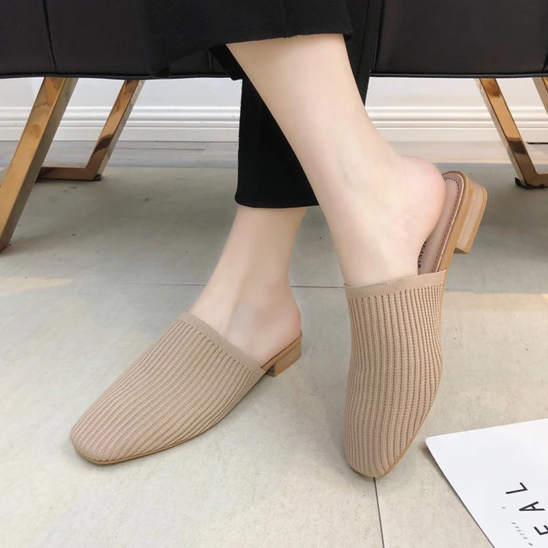 

2022 Women Mules Slippers Female Summer Flats Sandals Knit Fabric Stretch Slides Holiday Beach Shoes Square Heel Square Toe Flat