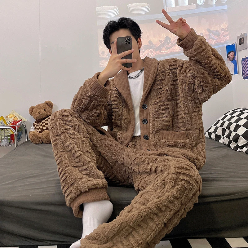 Winter Thicken Warm Flannel Pajama Sets Men Long Sleeve Plus Size Loungewear Suit Sleepwear Male Homewear Casual Pyjama Pijama