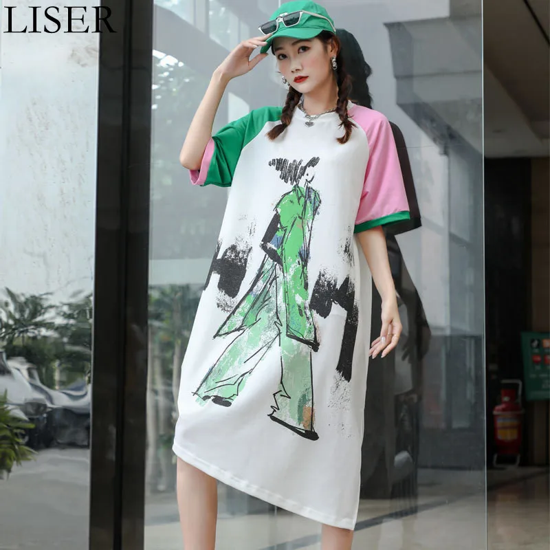 

2022 New Women'S Dress Summer Loose Round Neck Short-Sleeved Dress Print Stitching Contrast Color Long Casual Dress White LL1187
