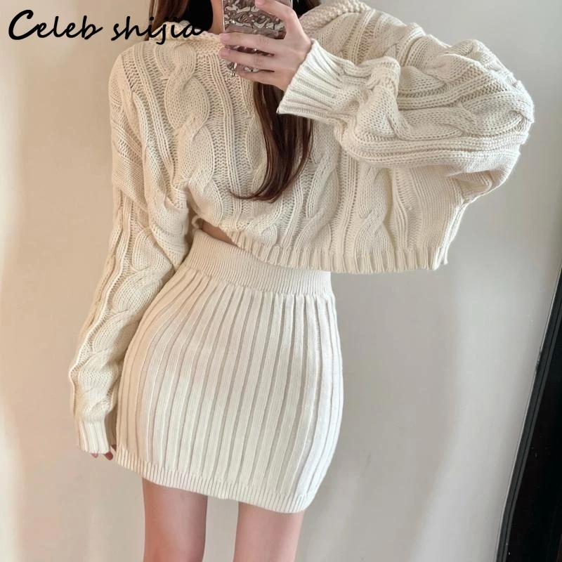 

Y2k Hooded Sweater + High Waisted Skirts Women Winter 2022 Knitted 2 Piece Sets Ladies Autumn Chic Elegant Warm Knitwear Sets