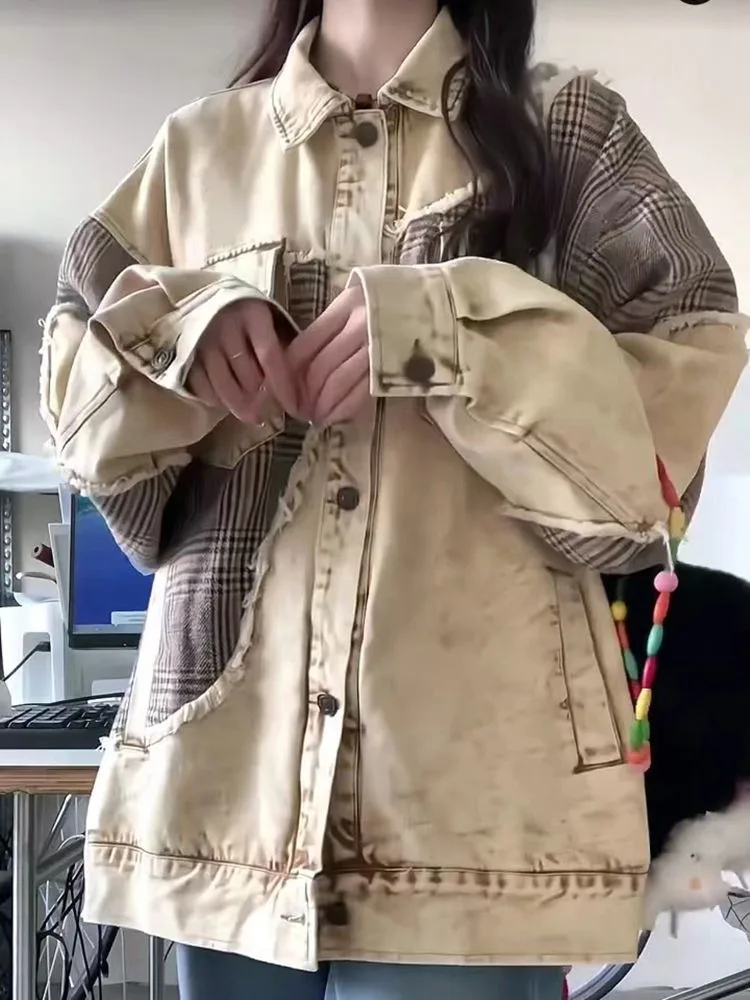 Куртка женская джинсовая в клетку Асимметричная Повседневная Свободная