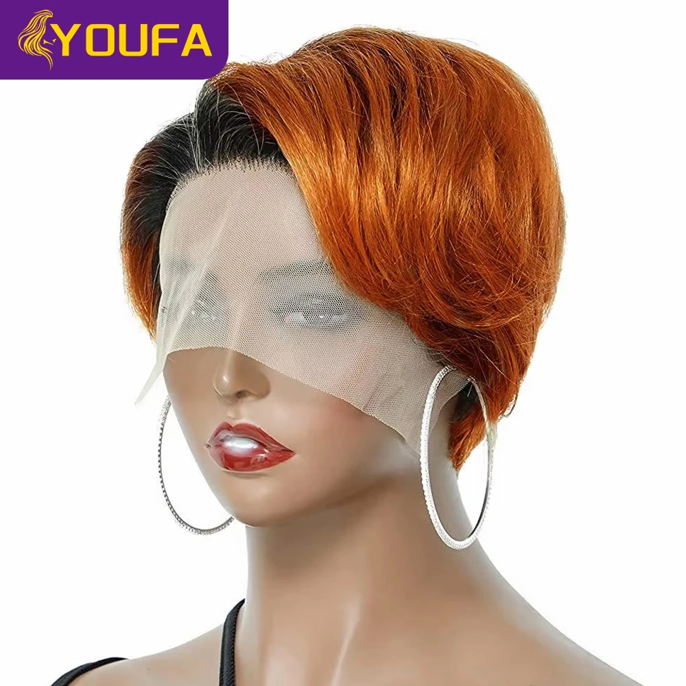 Парики YOUFA с темными корнями 1B/350 # Короткие парики из человеческих волос 13x1 T