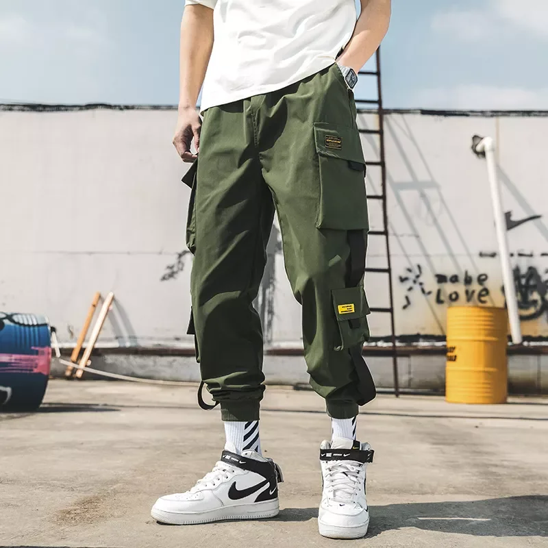 Hip Hop Joggers Cargo Pants Men Harem Pants Multi-Pocket Ribbons Man Sweatpants Streetwear Casual Mens Pants
