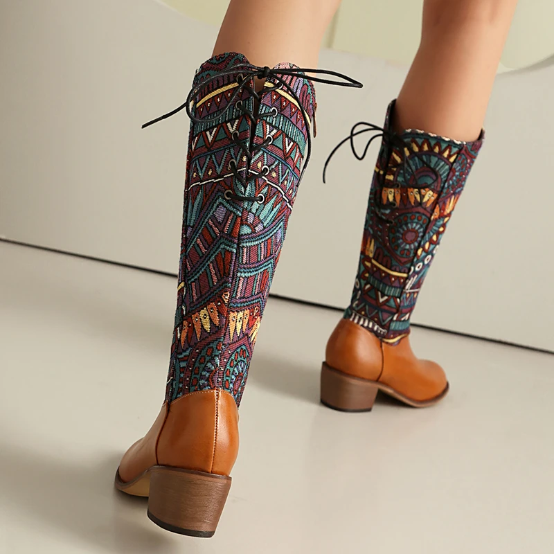 Сапоги до колена из ткани с принтом в этническом стиле женские повседневные
