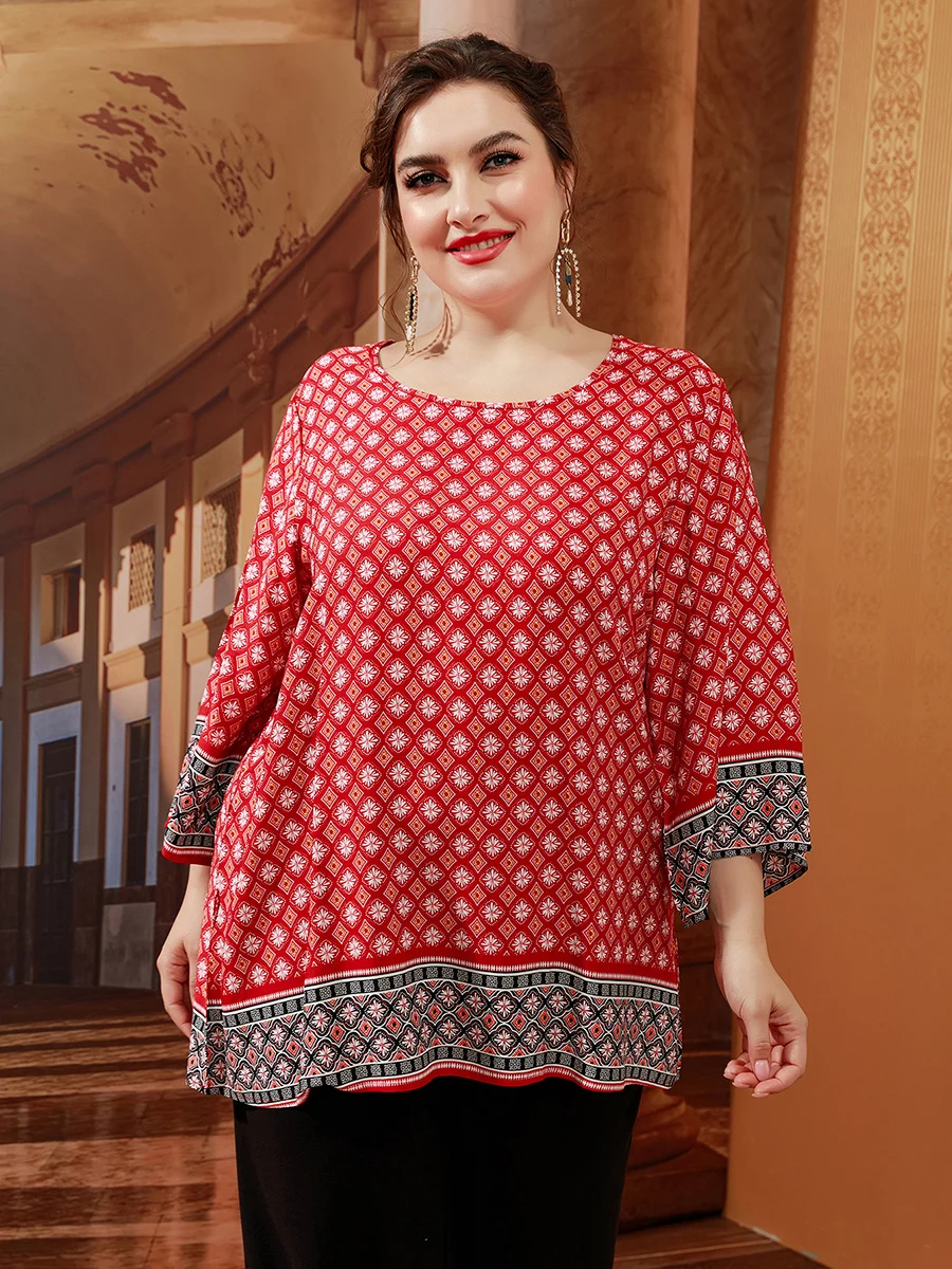 

5XL Plus Size Tops Women Summer Long Sleeve Retro Floral Print Casual Long Blouse Loose Oversized T Shirts