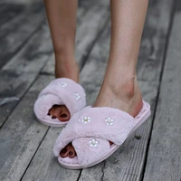 2022 new fashion plush slippers indoor simple office flip flop winter casual women flat flower design open toe ladies cotton mop