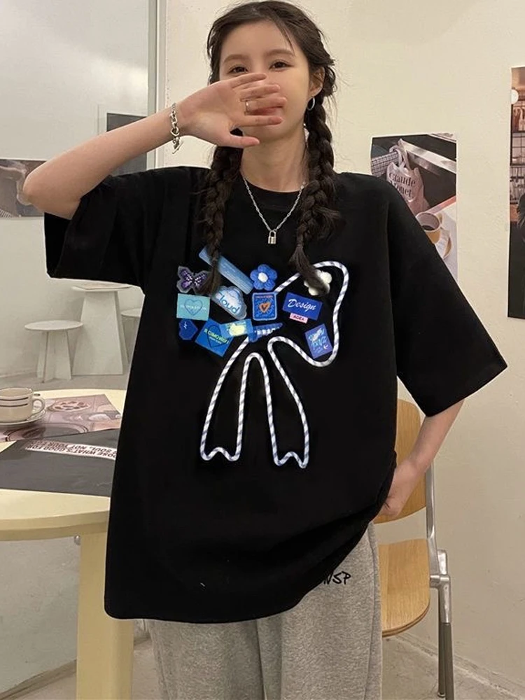 

Модные Хлопковые женские футболки с вышивкой креативные Топы черная футболка женская летняя футболка с коротким рукавом BF Harajuku уличная оде...