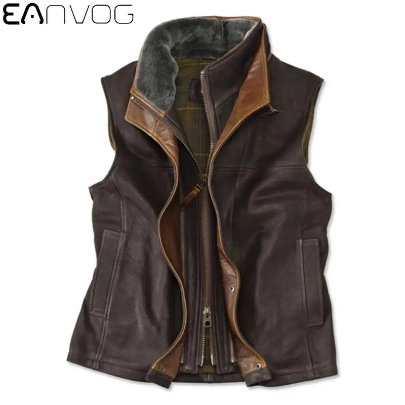 

Мужской меховой жилет на осень и зиму, Винтажный Мужской кожаный жилет, мужской плотный теплый жилет в клетку с круглым вырезом и шерстяной ...