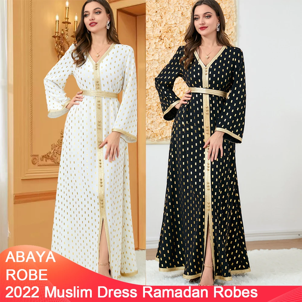 Muslim Women's Dress Dubai Turkey Dress Autumn Dress V-Neck High-End Women's Long-Sleeved Muslim Robes Ramadan Dress Evening Hat