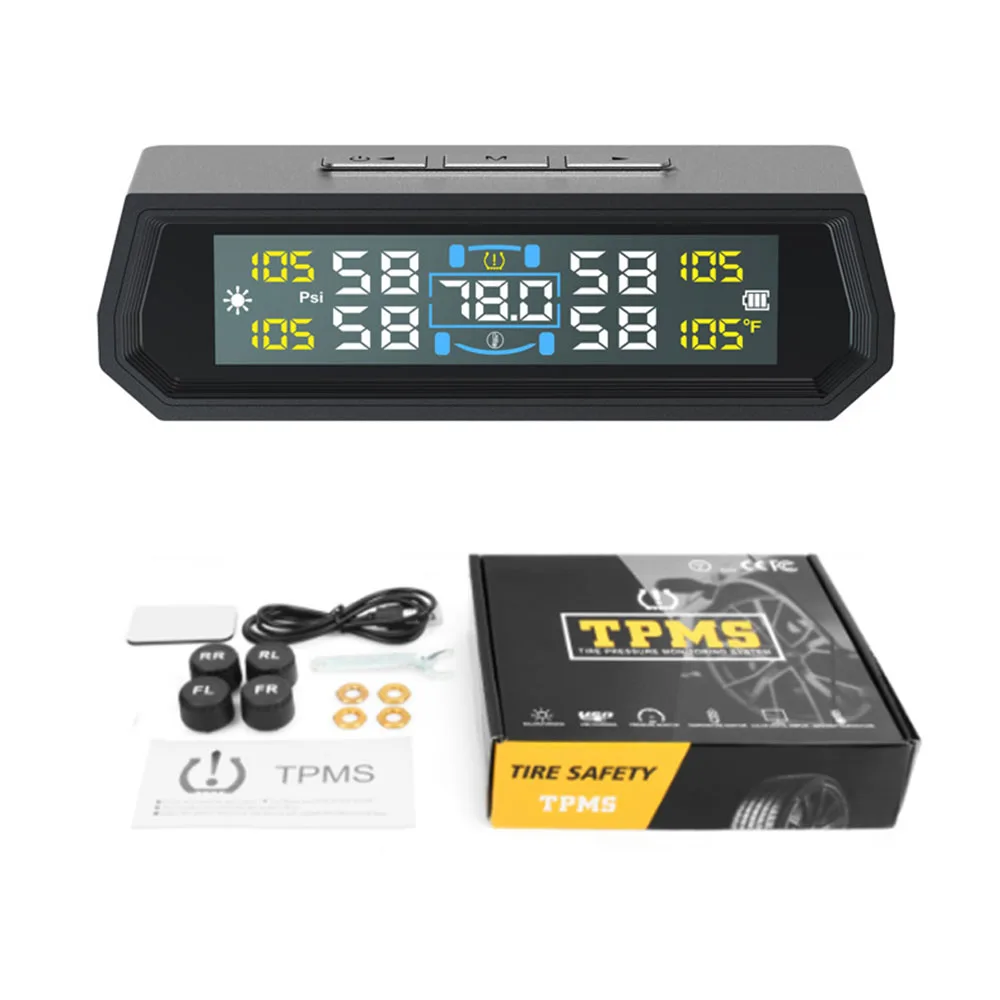 

Солнечная сигнализация давления в автомобильных шинах TPMS, цифровой цветной дисплей, 4, внешний датчик, водонепроницаемый датчик температуры в шинах, голосовое предупреждение