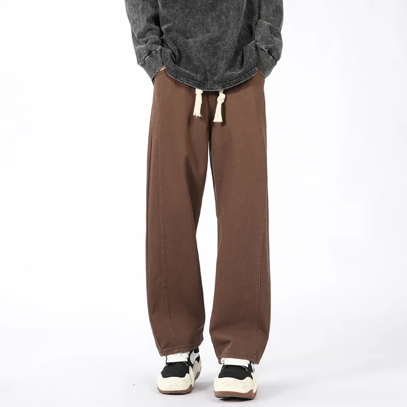 Apricot Brown Black Baggy Jeans Men Fashion Vintage Drawstring Jeans Mens Streetwear Hip-hop Loose Straight Denim Trousers Men