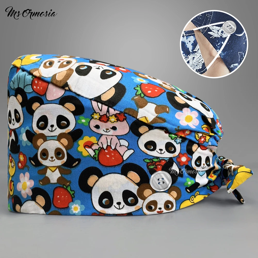 

Unisex Scrubs Caps Adjustable Cotton Panda Printing Hats High Quality Adjustable Sweat-absorbent Elastic Multicolor Scrubs Hats