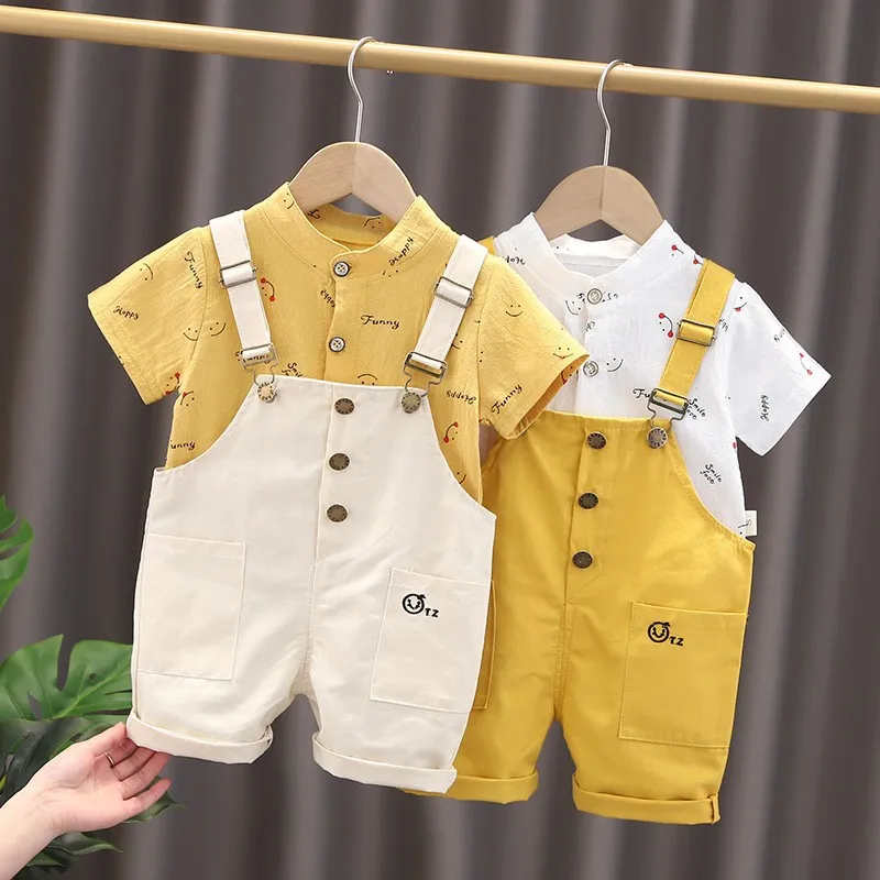 

Summer Baby Boys Clothes Set Cute Printed Smile Short Sleeve T-Shirts Rompers Overalls 2Pcs Suits Toddler Kids Fashion Costume