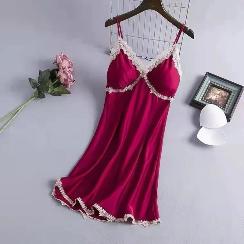 Women's Summer Sexy Suspenders Nightgown Thin Section With Chest Pad Ice Silk Korean Version Of The Pajamas Dress Home Wear