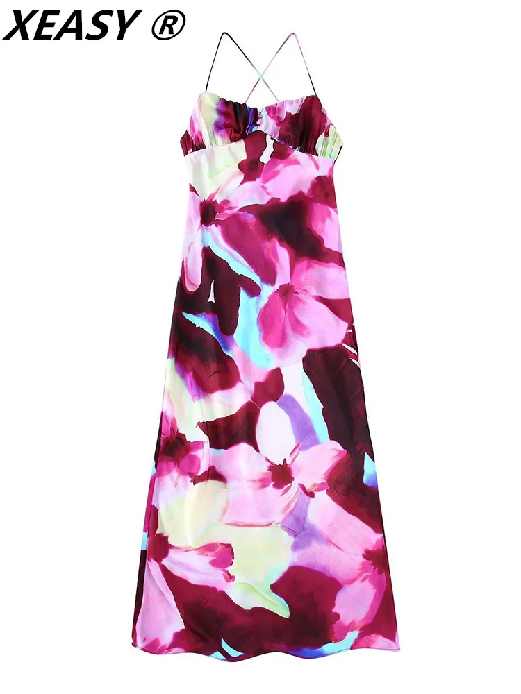 

XEASY Sexy Dresses For Women 2022 Summer Sundresses Midi Dress Female Slip Dress Backless Women Clothing Vintage Print