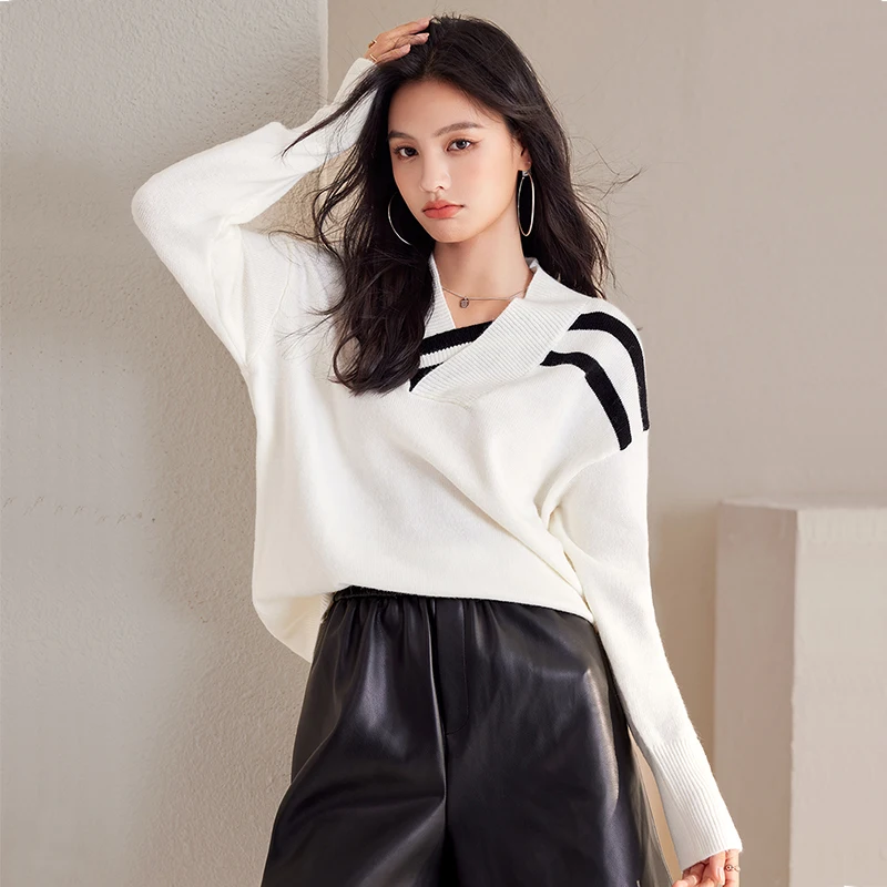 New Fashion Lady Loose Stripe Stitching Sweater Women Sexy Tops Female Japanese Girls Casual Vingate Knitted Pullover Sweaters