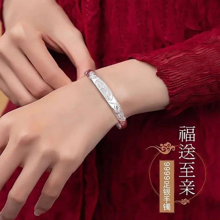 Longfeng Fu Character Sterling Silver Bracelet Women 9999 Pure Solid Push-Pull Gift for Mother and Elders Mother-in-La...