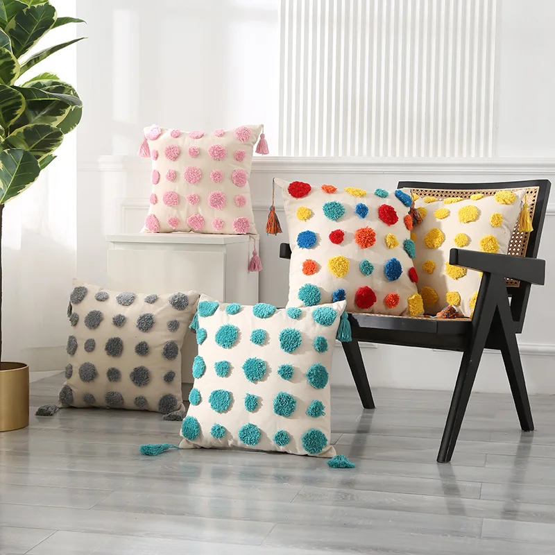 

Polka Dot Canvas Boho Tufted Pillow Case 45x45 Sofa Solid Color Polka Dot Cushion Covers Fringed Decorative Tufted Pillowcases