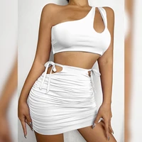 two piece short set summer women sexy one shoulder crop top and cut out bandage mini bodycon skirts beach party skirts suits