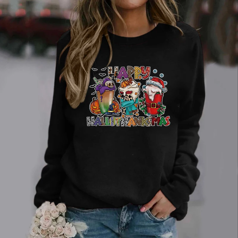 Sudadera con capucha negra para mujer, suéter de manga larga con estampado de copa de Pastel de Navidad, moda de otoño e invierno, Jersey cálido de cuello redondo para ocio, 2022