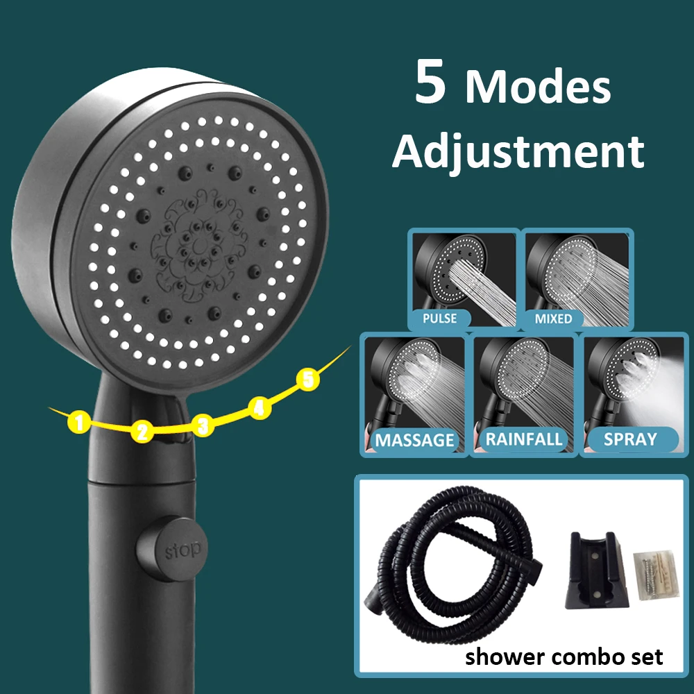 

Zloog 5 Modes Adjustable Black Bath Shower Head High Pressure Water Saving Eco Shower Stop Water Showerhead with Hose Holder
