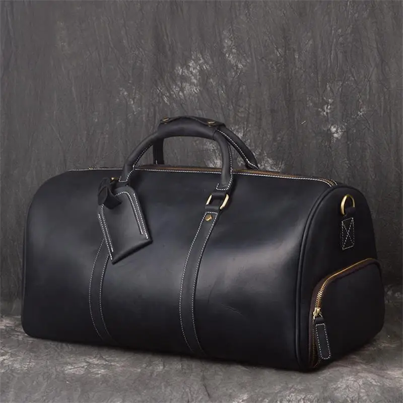 Crazy Horse Leather Men Male Leather Travel Handbags 100% Cowskin Travel Bag Duffle Bags Large Capacity Weekender Bag Sports