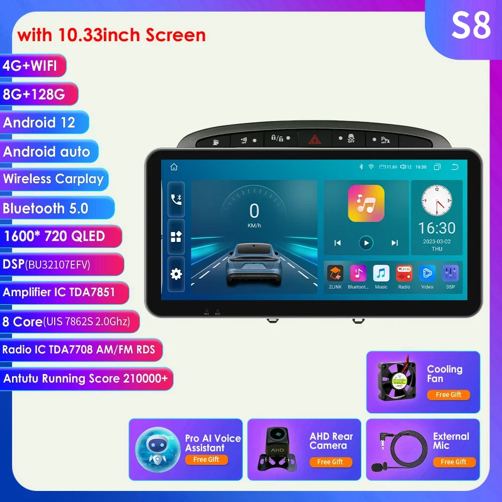 

Hizpo 10,33 "Bluetooth автомобильный радиоприемник Carplay экран для Peugeot 408 308 308SW Android 13 мультимедийный плеер GPS Navi 4G RDS стерео FM