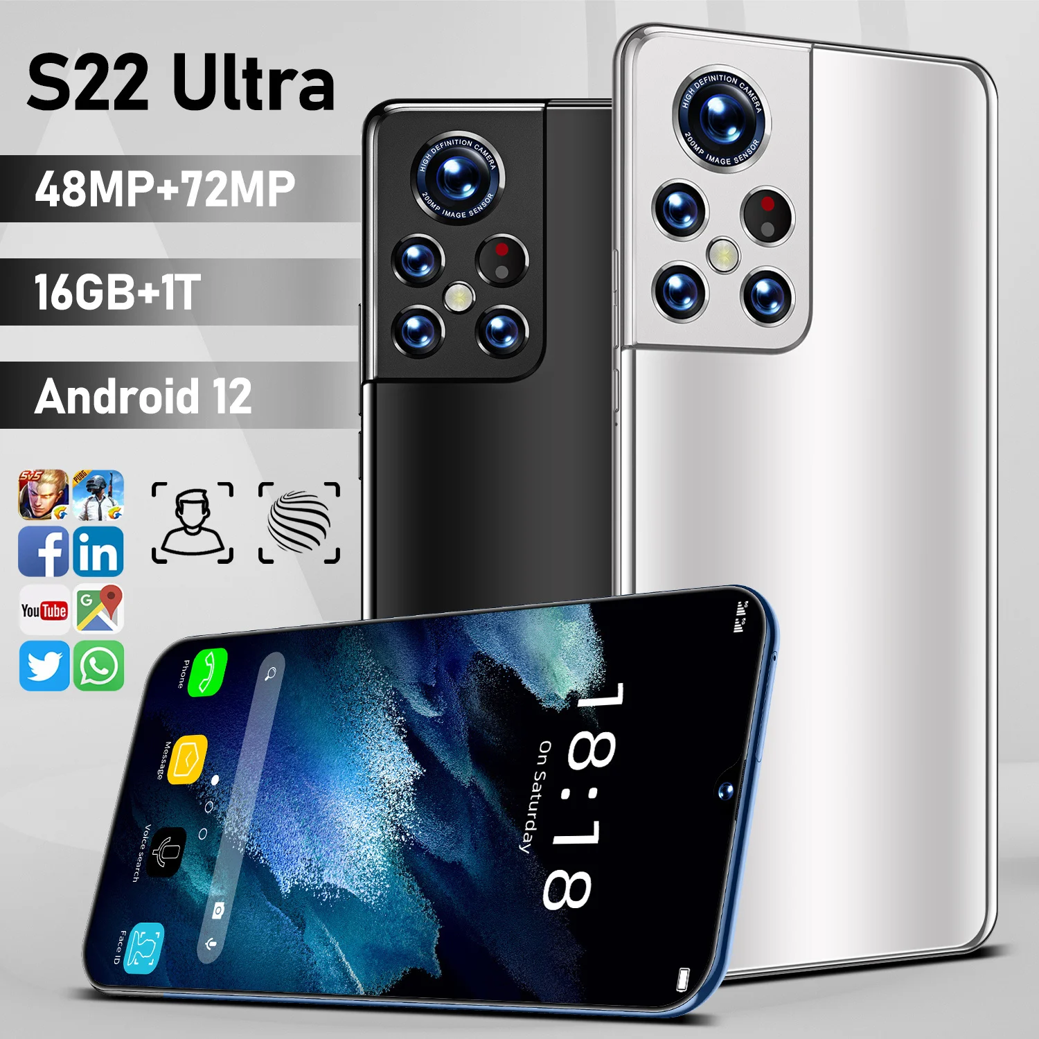 

Global Version S22 Ultra Smartphone 16GB+1TB Android 6800mah Qualcomm Snapdragon 888 4G5G Dual SIM Unlocked Cellphones Telefoons