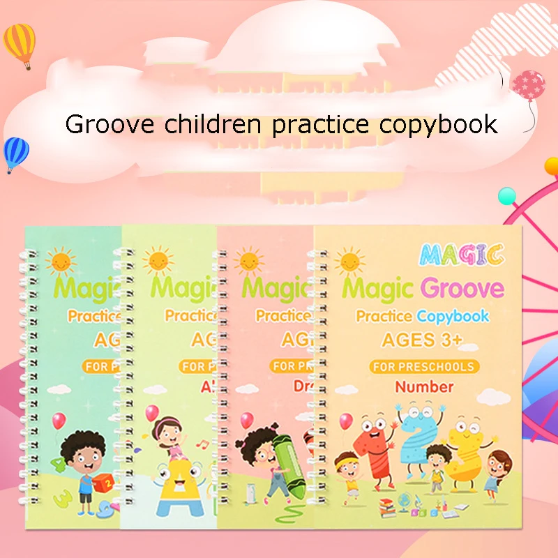 4Books Pen Magic Groove Copy Book Free Wiping Children's Kids Writing Sticker Practice English Copybook For Gift