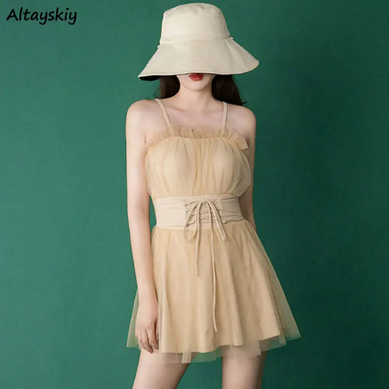 

Cover-ups Women Sexy Mesh Bandage Sleeveless Mini Korean Style Summer Beach Popular Sweet Cozy Trendy Solid Backless Ladies New