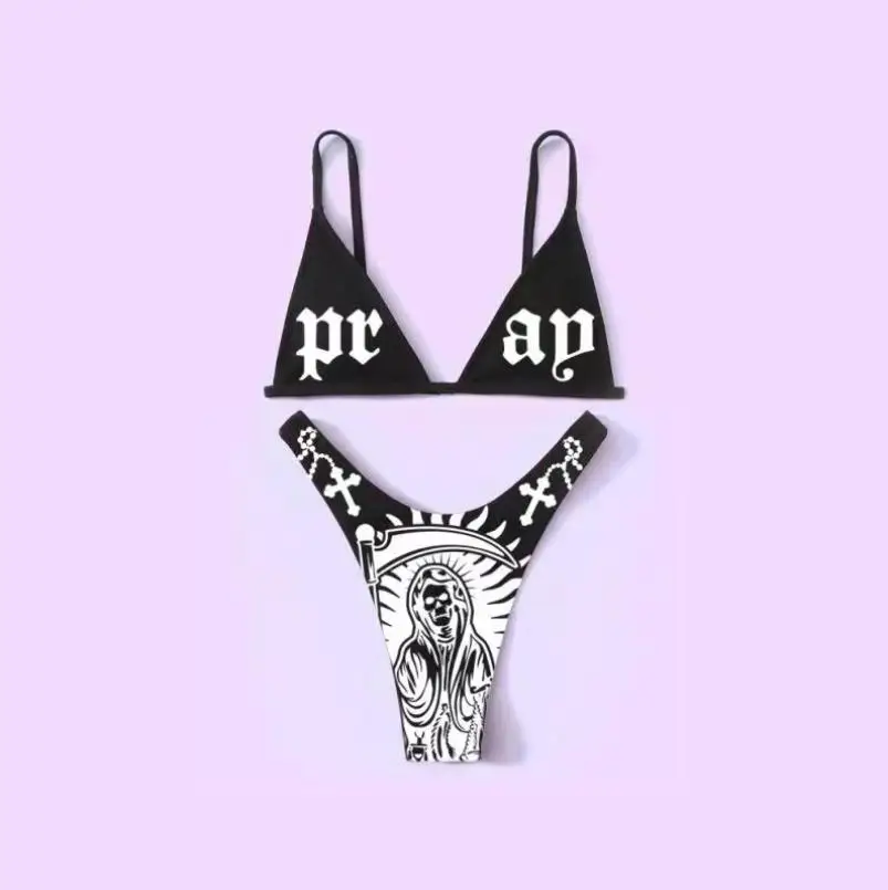 

Yiiciovy Womens Two-Piece Swimwear Bikini Set Female Letter Crucifix Print Halloween Bikini for Adults Beach Swimming Bikini Set