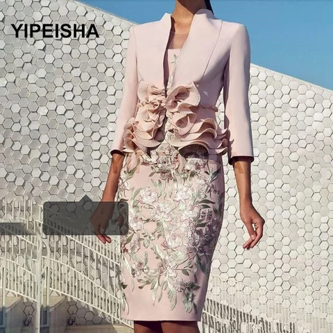 Pale Pink Mother Of the Bride Dresses with 3/4 Long Sleeve Lace Ruffles Knee-length Women Formal Party Wedding Guest платье