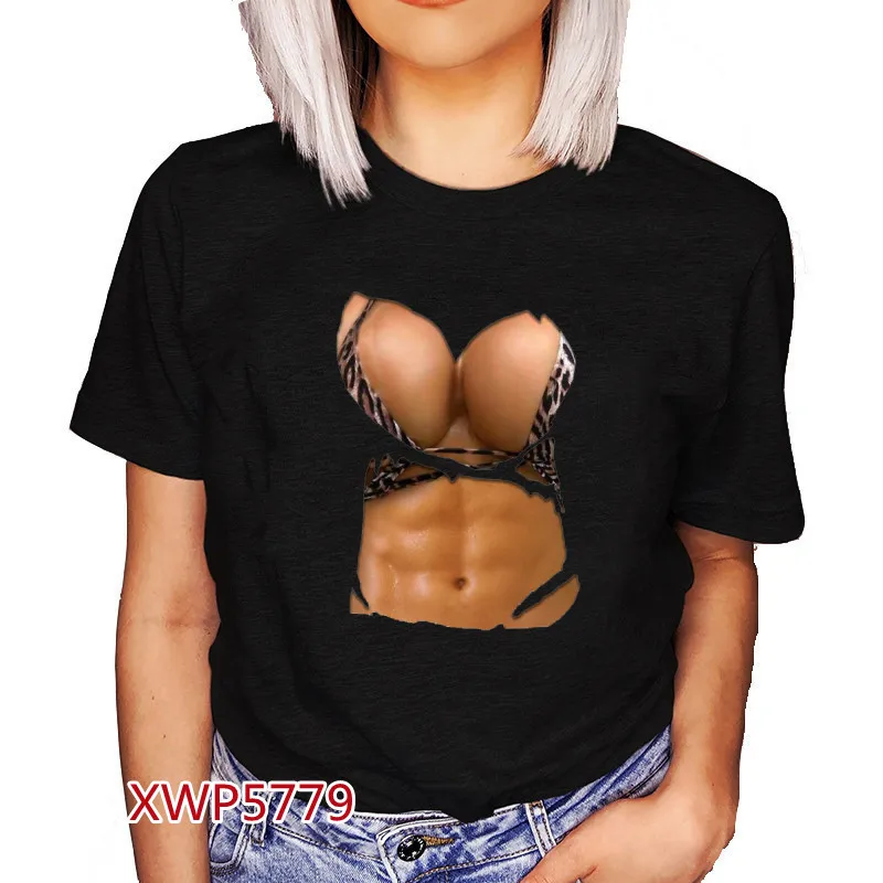 

2022 New Big Breasted Women T Shirts Funny Print Punk Clothes Muscle Graphics Black T Shirts Aesthetic Y2k Tops Women T Shirts