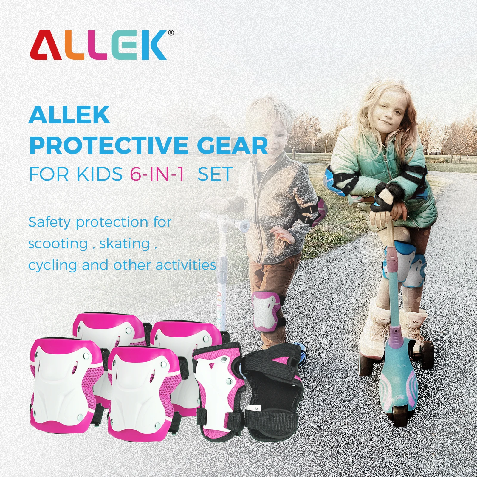 

Allek Protect Grear for Kid 6-in-1 set Knee Wrist Guards Elbow pads Bicycle Skateboard Scooter Ice Skating Roller Guard