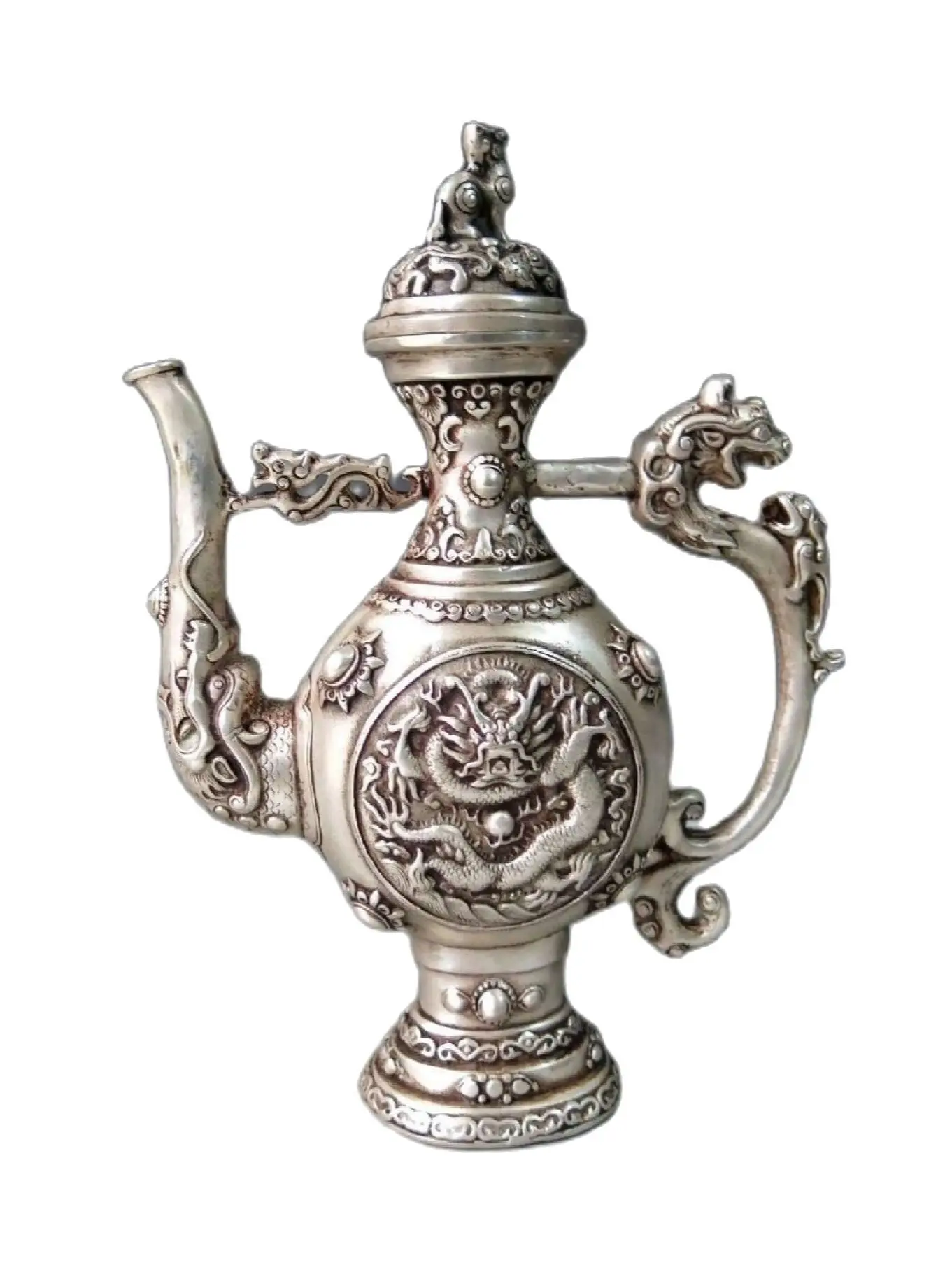 

9" China silver carved Foo Dogs Lion dragon play bead Flagon wine pot Statue