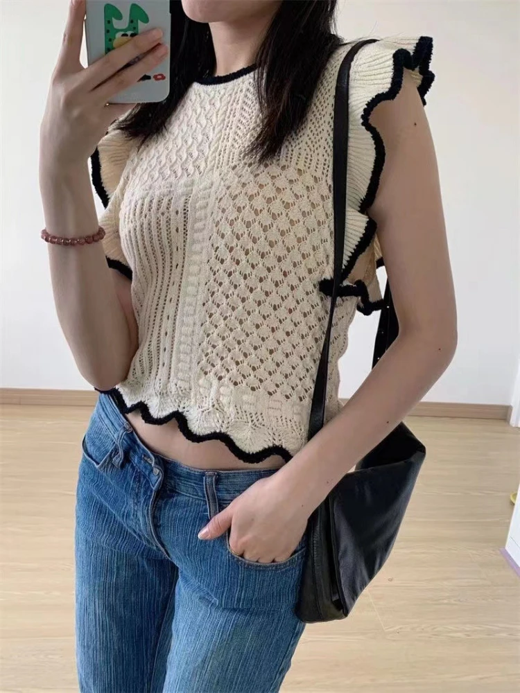 

2023 gentle atmosphere summer smock knit hollow shirt new round neck ruffled sleeveless fashion small man