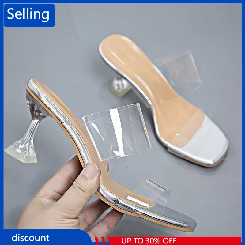 

Новинка лета 2023, прозрачный ремешок «одно слово», женская одежда, пикантные удобные сандалии с открытым носком на каблуке с кристаллами для женщин