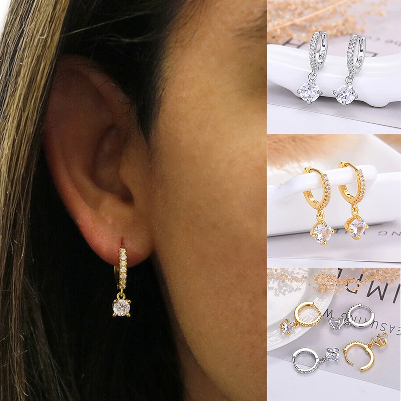 

New S925 Silver Earrings Ear Buckle Needle Zircon women's Gift Round Huggie