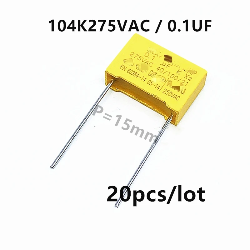 

20pcs/lot X2 Safety Capacitor 104K275VAC MKP 0.1UF 100NF 250V 275V104 Pitch P=15mm