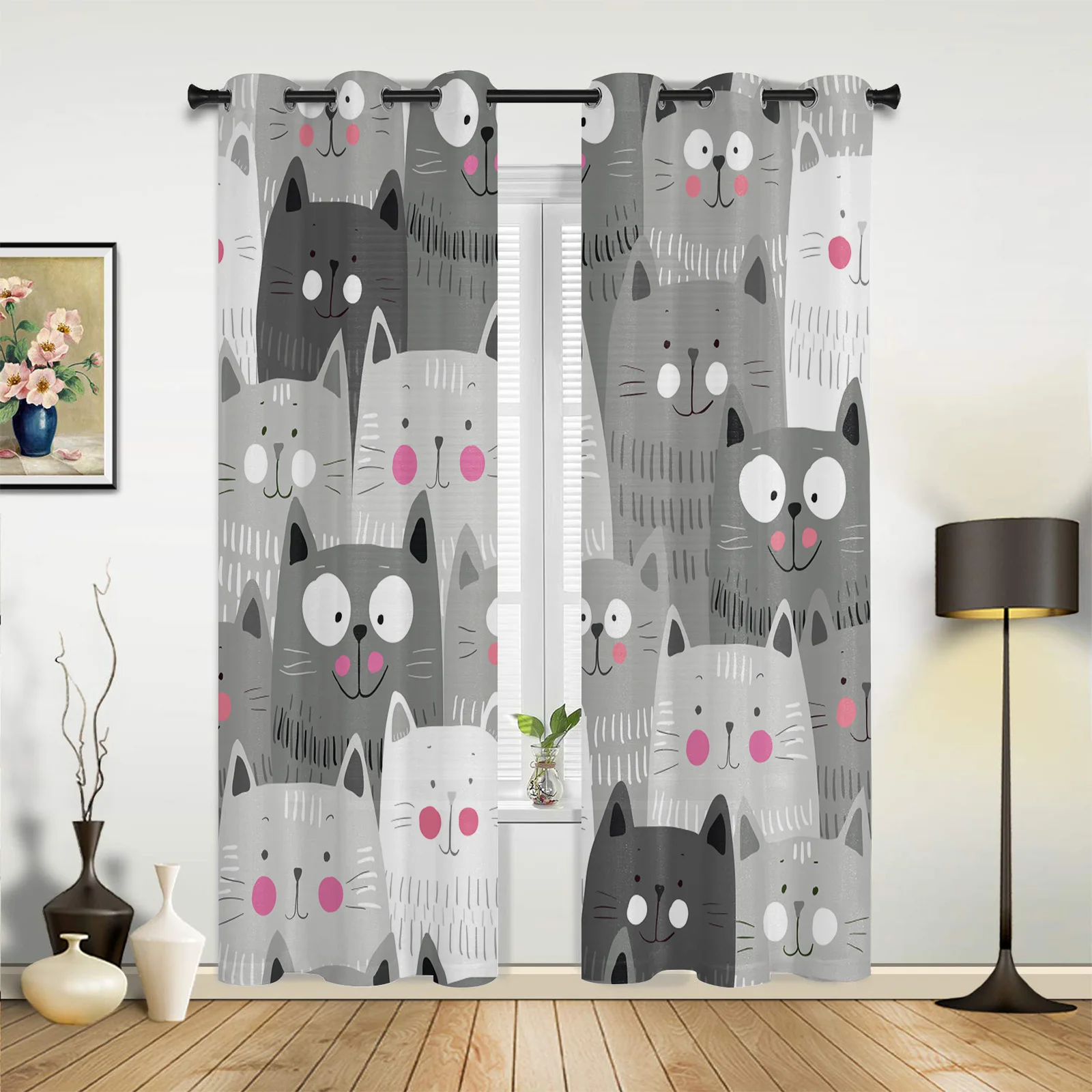 

Kawaii Cartoon Grey Cat Curtains for Bedroom Living Room Drapes Kitchen Children's Room Window Curtain Modern Home Decor